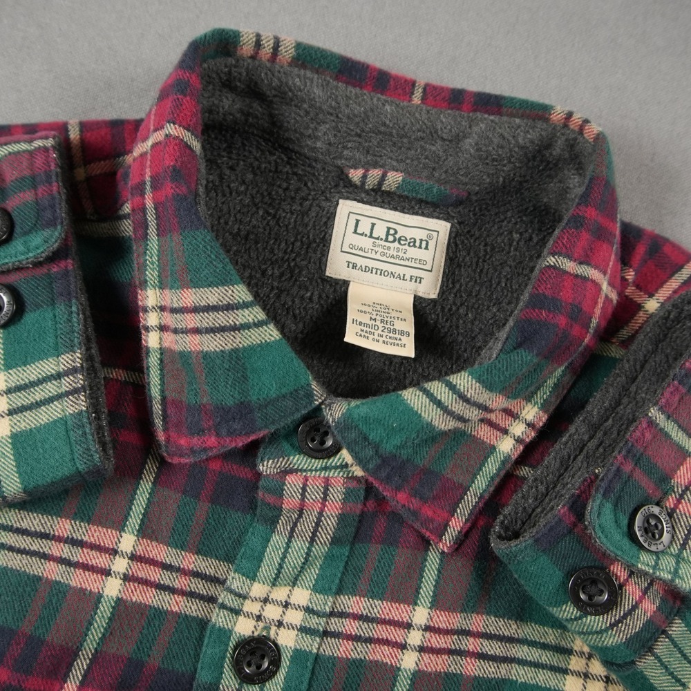 LL Bean Flannel Fleece Lined Plaid Shirt Jacket Mens M Traditional Fit 298189